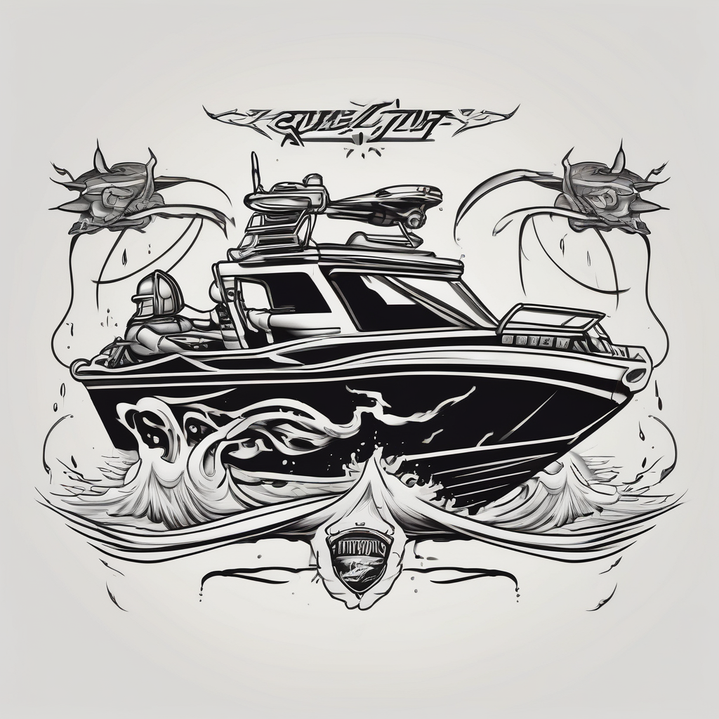 Traditional style tattoo, with a jet boat in the water, with a banner that says “ARMOR” in traditional lettering, add traditional aspects to this tattoo . hello kitty tattoo, AI-generated Surreal tattoo design